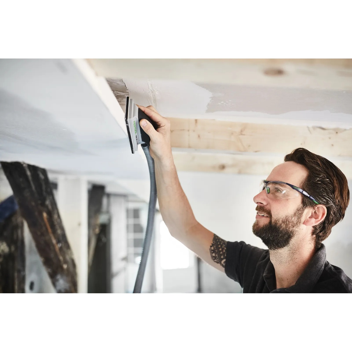 Festool 496962 Hand Sanding Block 80mm X 130mm used overhead on drywall compound during detail sanding and finish prep