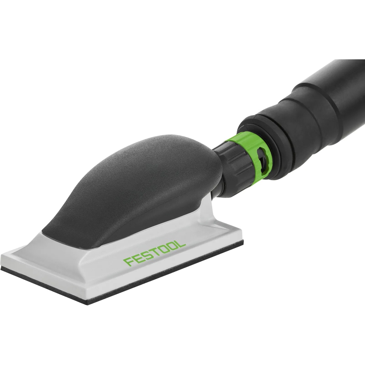 Festool 496962 Hand Sanding Block 80mm X 130mm connected to a dust extractor hose for hand sanding with dust collection in a finish-work setting