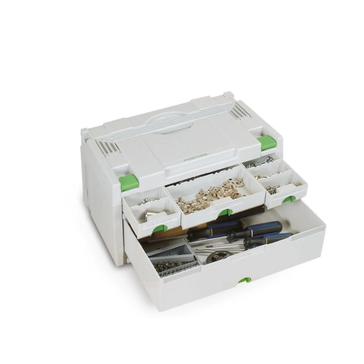 Festool 491984 6-Drawer Sortainer with drawers opened to show organized hardware and hand tools in a workshop setting