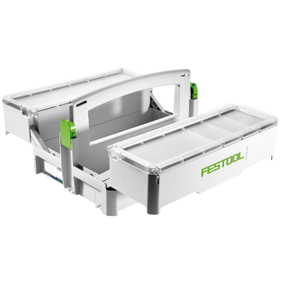 Festool 499901 SYS-Storage T-LOC Systainer open with side containers extended, showing removable bins for organized screws and small parts transport between shop and jobsite