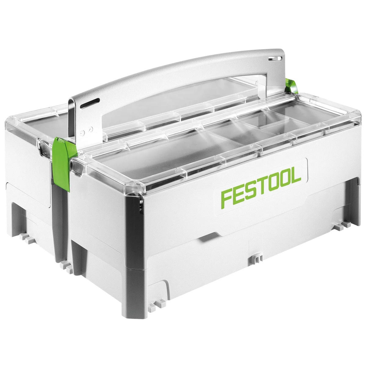 Festool 499901 SYS-Storage T-LOC Systainer showing clear top cover panels and divided small-parts compartments for hardware organization in a workshop or jobsite setup
