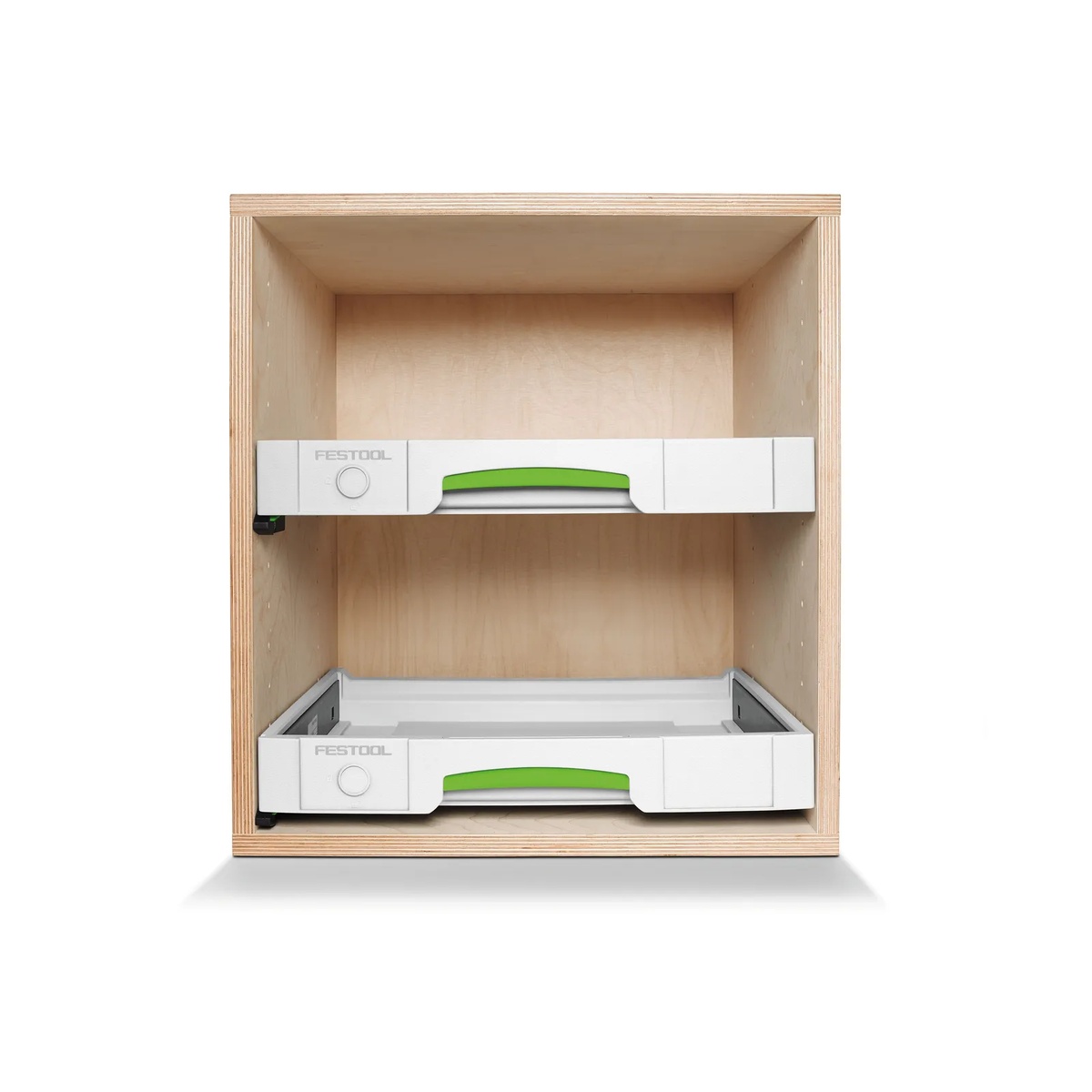 Festool SYS-AZ pull-out drawers mounted in a custom wooden cabinet showing two drawer positions for organized Systainer storage