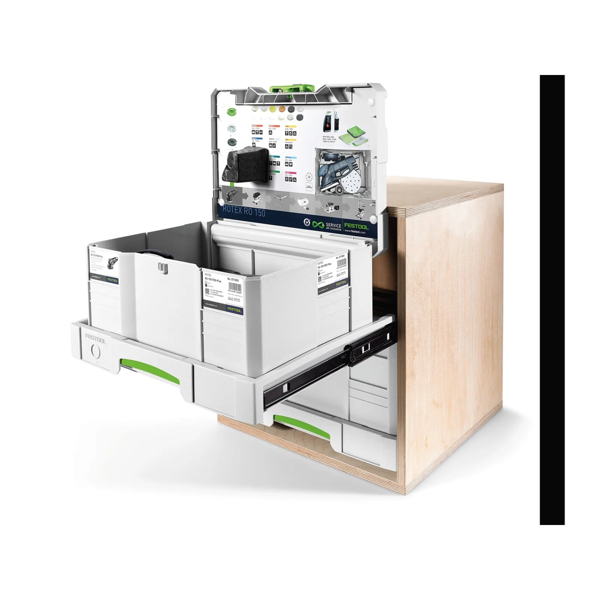 Festool 500692 SYS-AZ Pull Out Drawers installed in a plywood cabinet with a Systainer pulled forward and opened for tool access in a shop storage setup