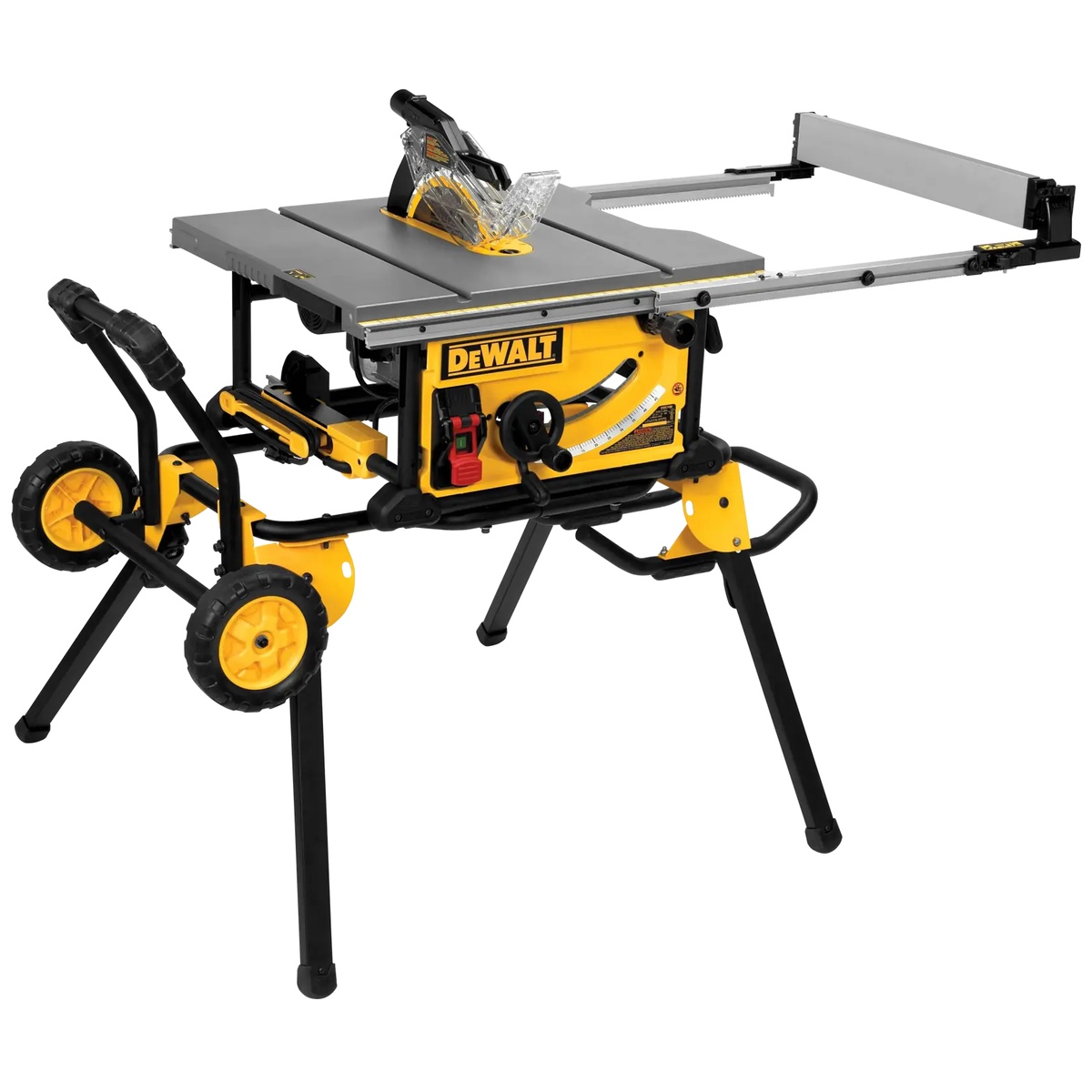 DEWALT DWE7491RS 10-In. Jobsite Table Saw and Rolling Stand shown fully opened with stand deployed for portable woodworking and construction site cutting