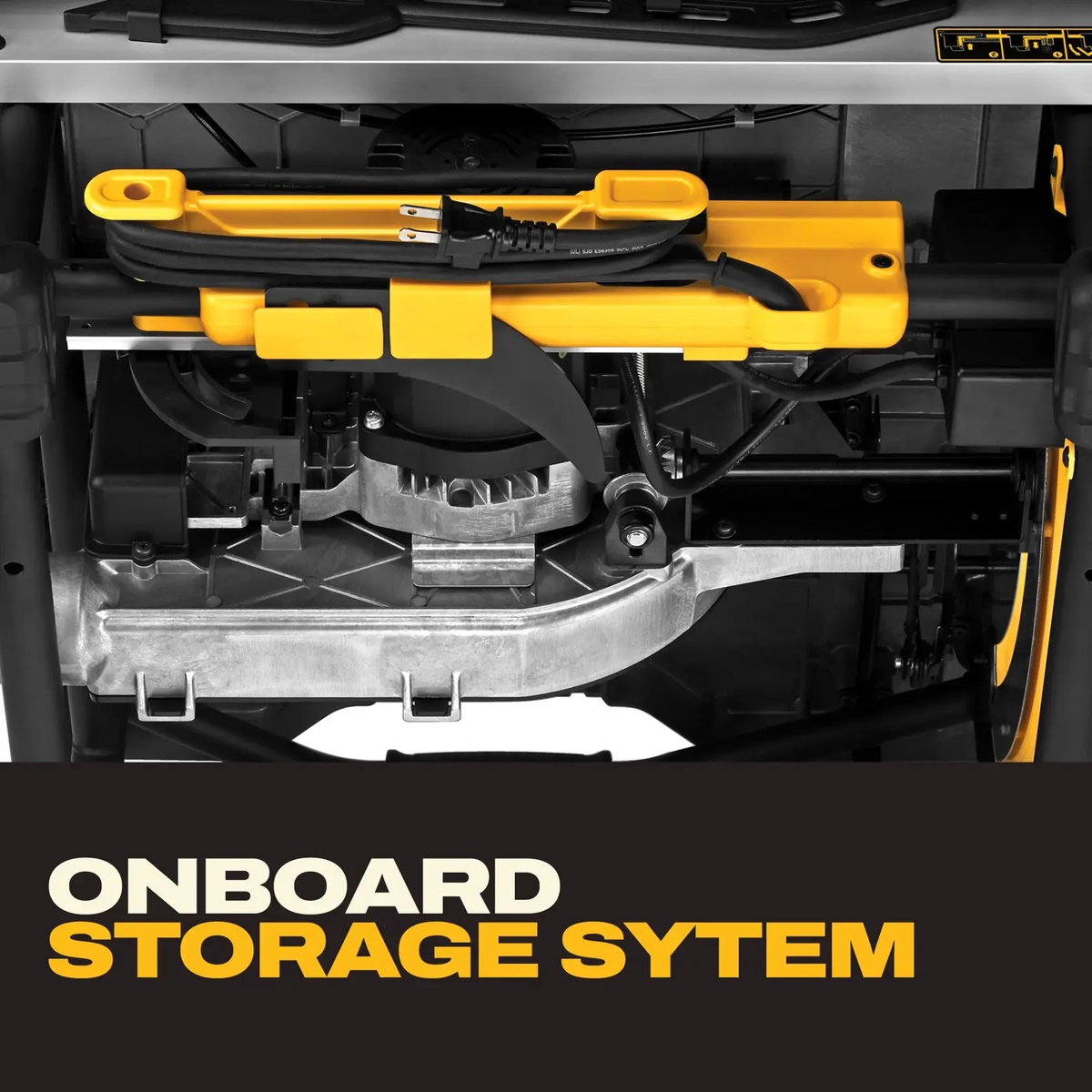 DEWALT DWE7491RS 10-In. Jobsite Table Saw and Rolling Stand onboard storage system holding accessories under the saw for organized transport and setup