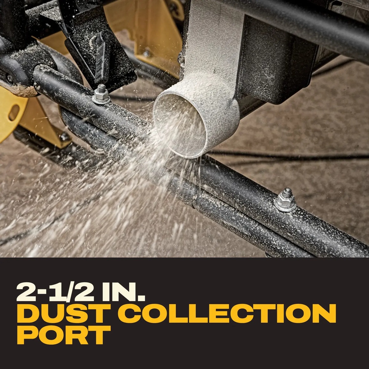 DEWALT DWE7491RS 10-In. Jobsite Table Saw and Rolling Stand 2-1/2 inch dust collection port during wood cutting for vacuum connection and cleaner jobsite dust control