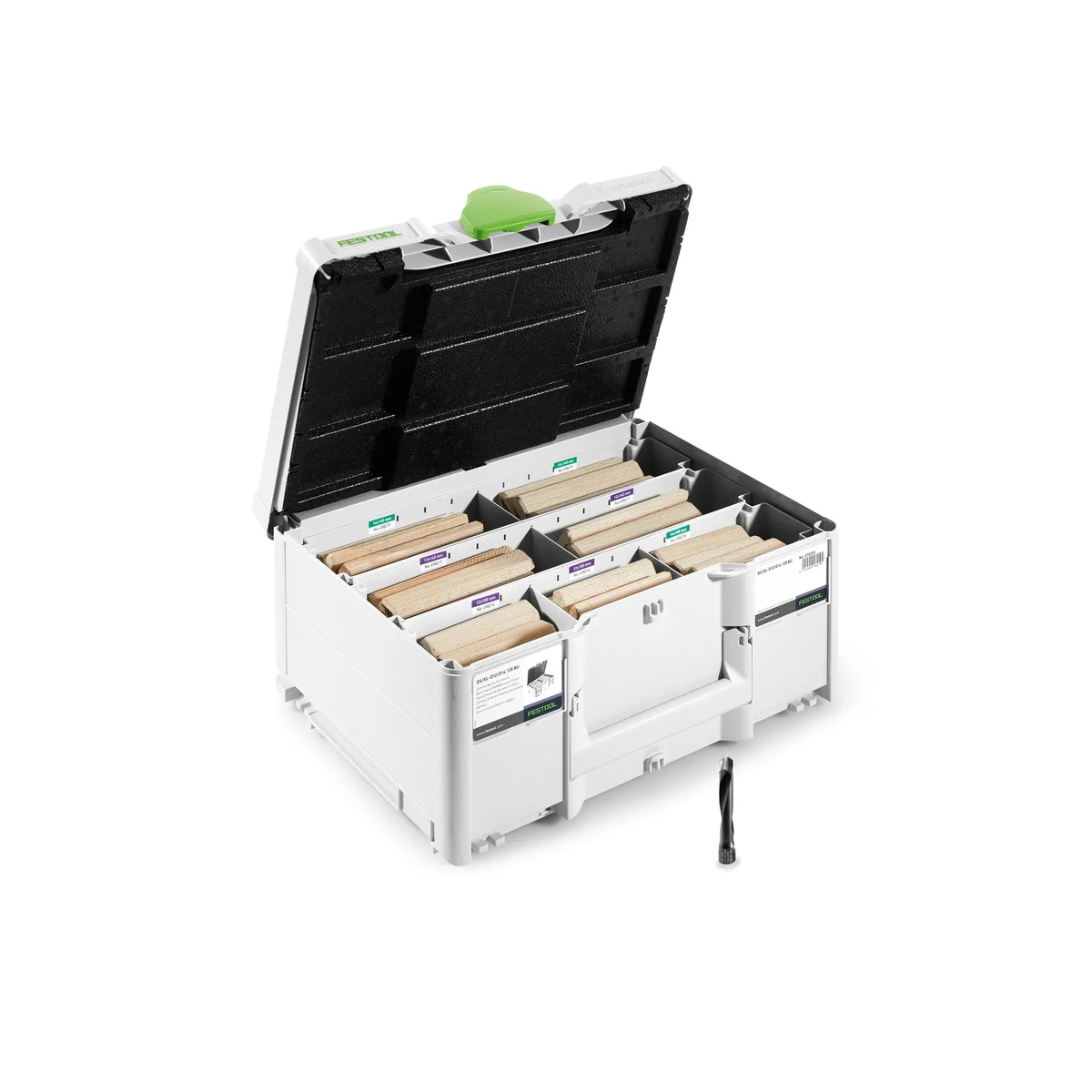 Festool 576792 Domino XL Assortment Systainer3 (12mm / 14mm) open on a workbench with sorted DOMINO tenons and the D14 cutter stored in compartments for shop organization