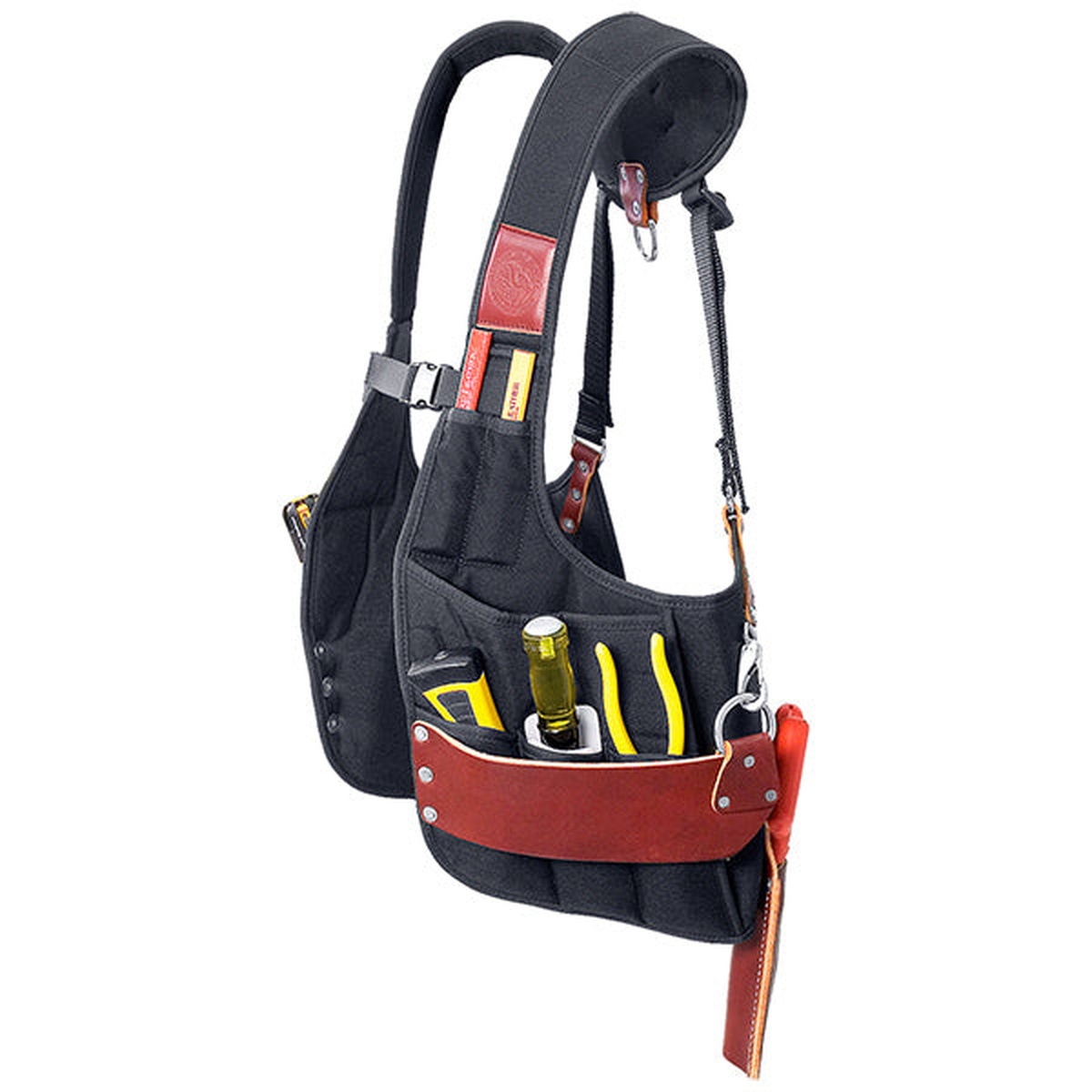 Occidental Leather 2500 Stronghold SuspendaVest close-up showing integrated pockets and hand tool storage for framing, electrical, trim, and concrete tasks