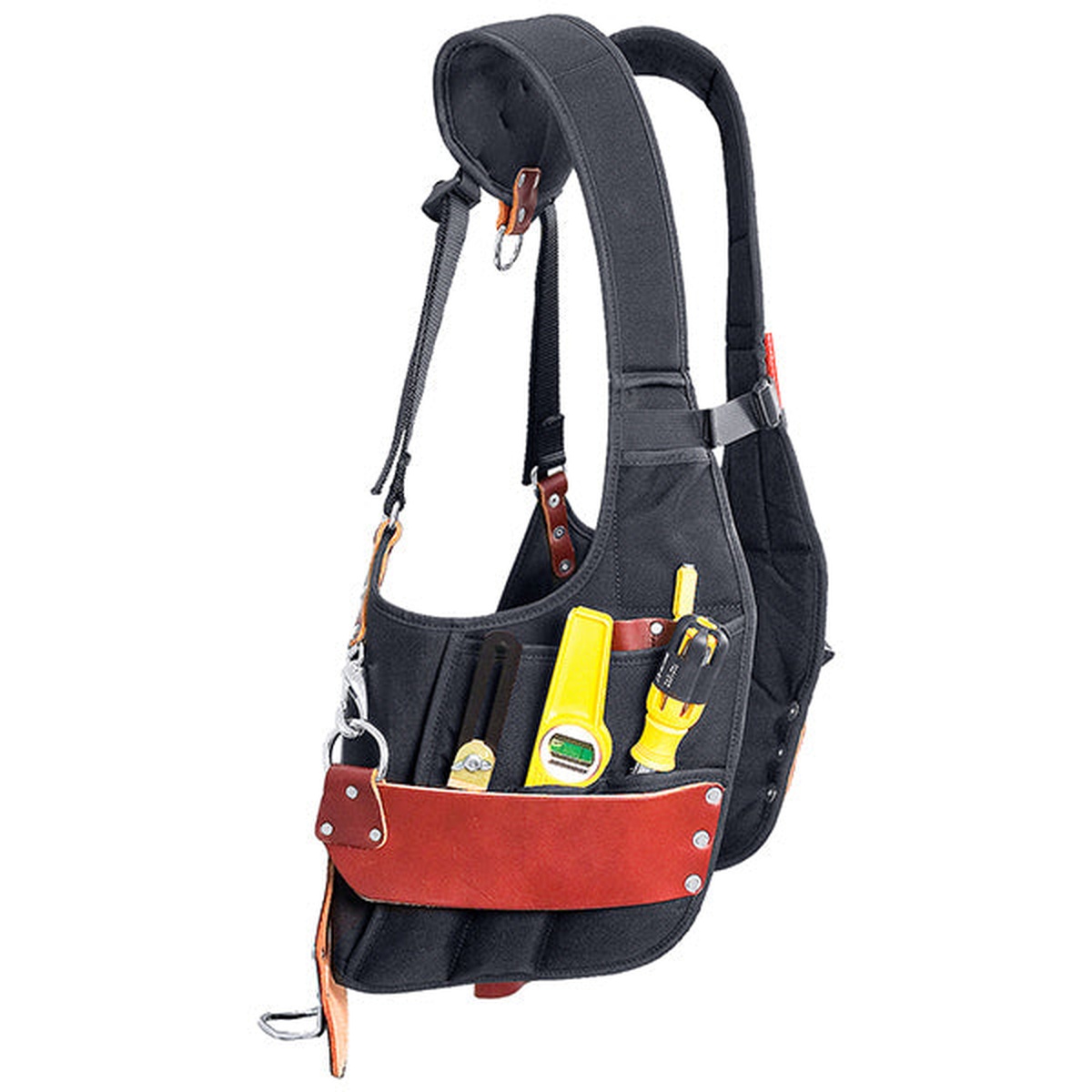 Occidental Leather 2500 Stronghold SuspendaVest shown from the side with tool storage and leather belting for a customizable belt-free tool carrying system