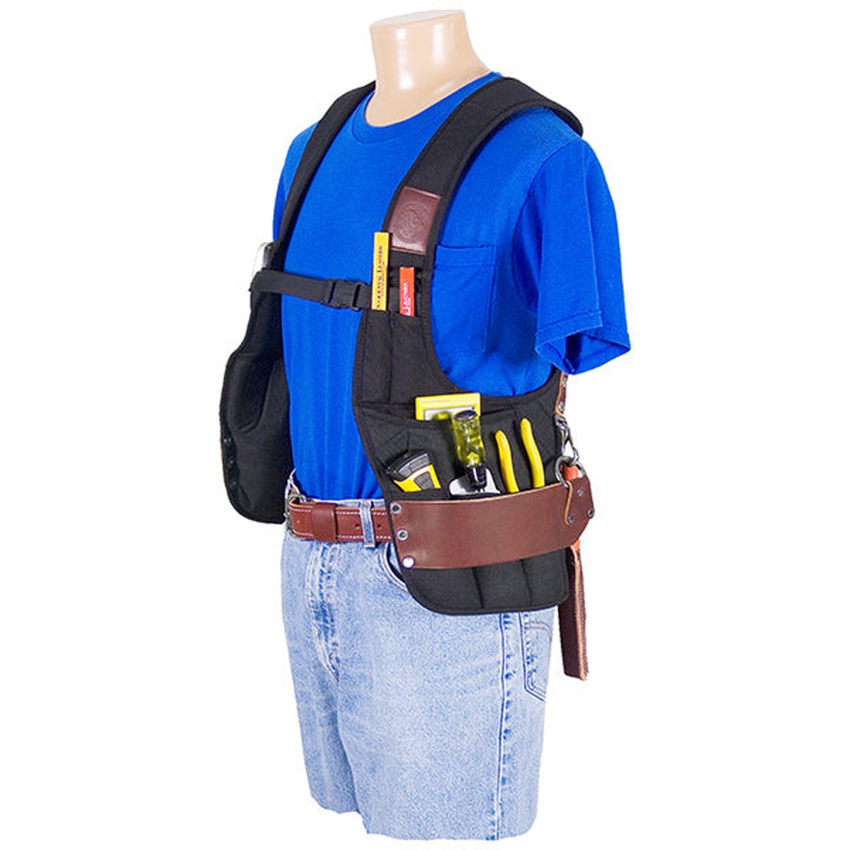 Occidental Leather 2500 Stronghold SuspendaVest worn on a job-ready torso setup with hand tools loaded in the vest pockets for everyday construction work