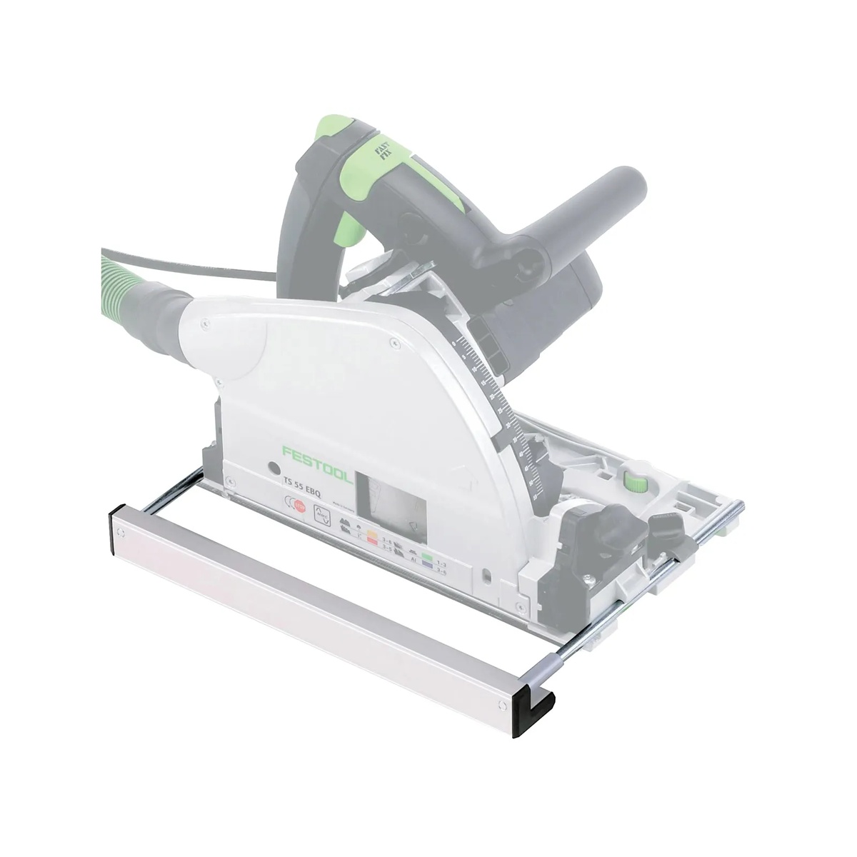 Festool 491469 PA-TS 55 Parallel Side Fence mounted on a Festool plunge cut saw for parallel ripping along a sheet good edge in a workshop cutting setup