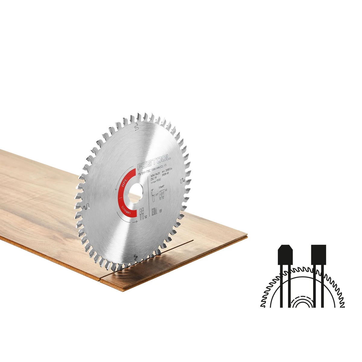 Festool 495382 HW 210x2,4x30 TF60 Laminate/HPL Saw Blade positioned in laminate sheet material for clean finish cutting with a TS 75 plunge cut saw in a workshop setting