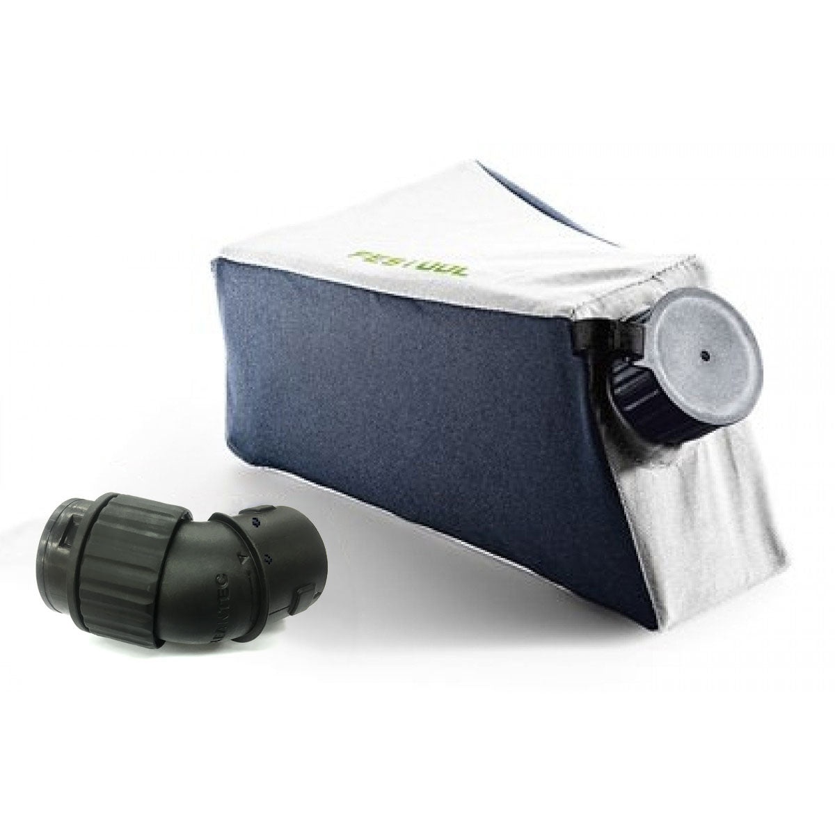 Festool Track Saw Dust Bag Conversion Kit showing the reusable dust bag and retrofit dust port for portable track saw dust collection on cutting jobs