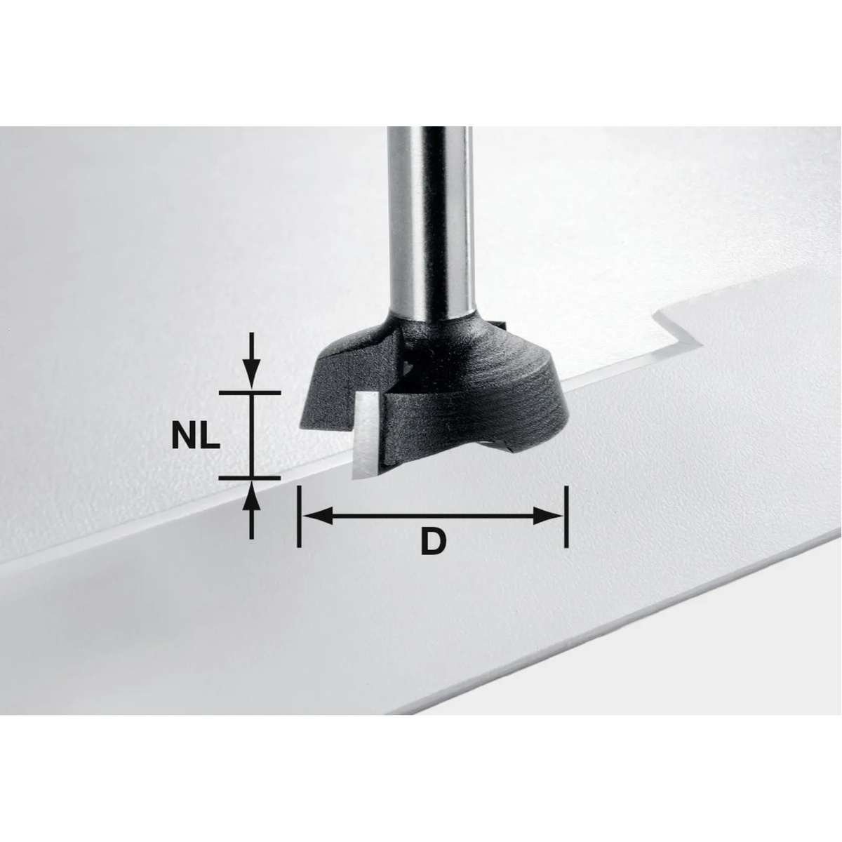Festool 500368 Plane Router Bit KA 65 for Conturo trimming edge banding on a panel surface in a woodworking shop close-up