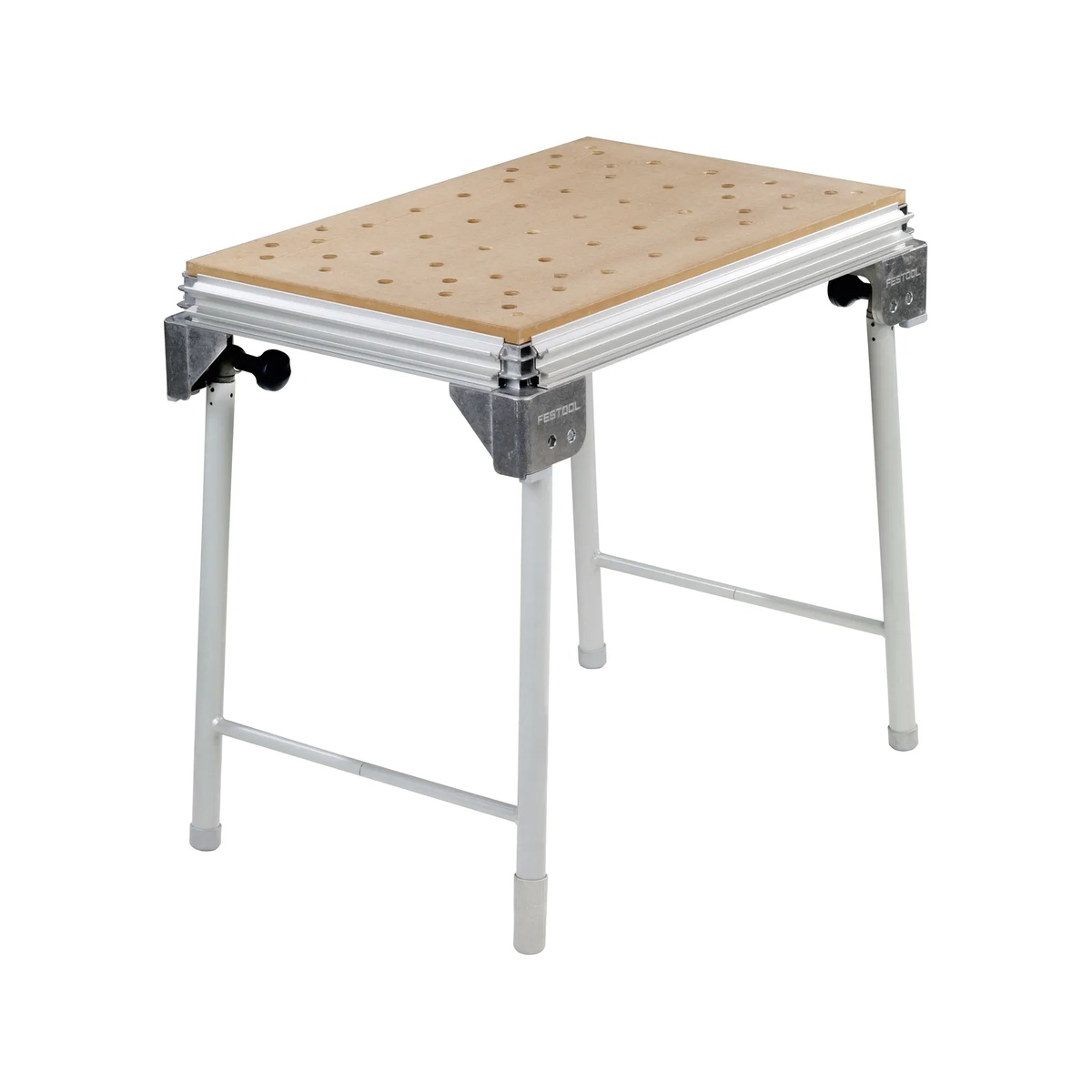 Festool MFT KAPEX multifunction table shown as a compact folding workbench with perforated top and foldaway legs for transport and storage