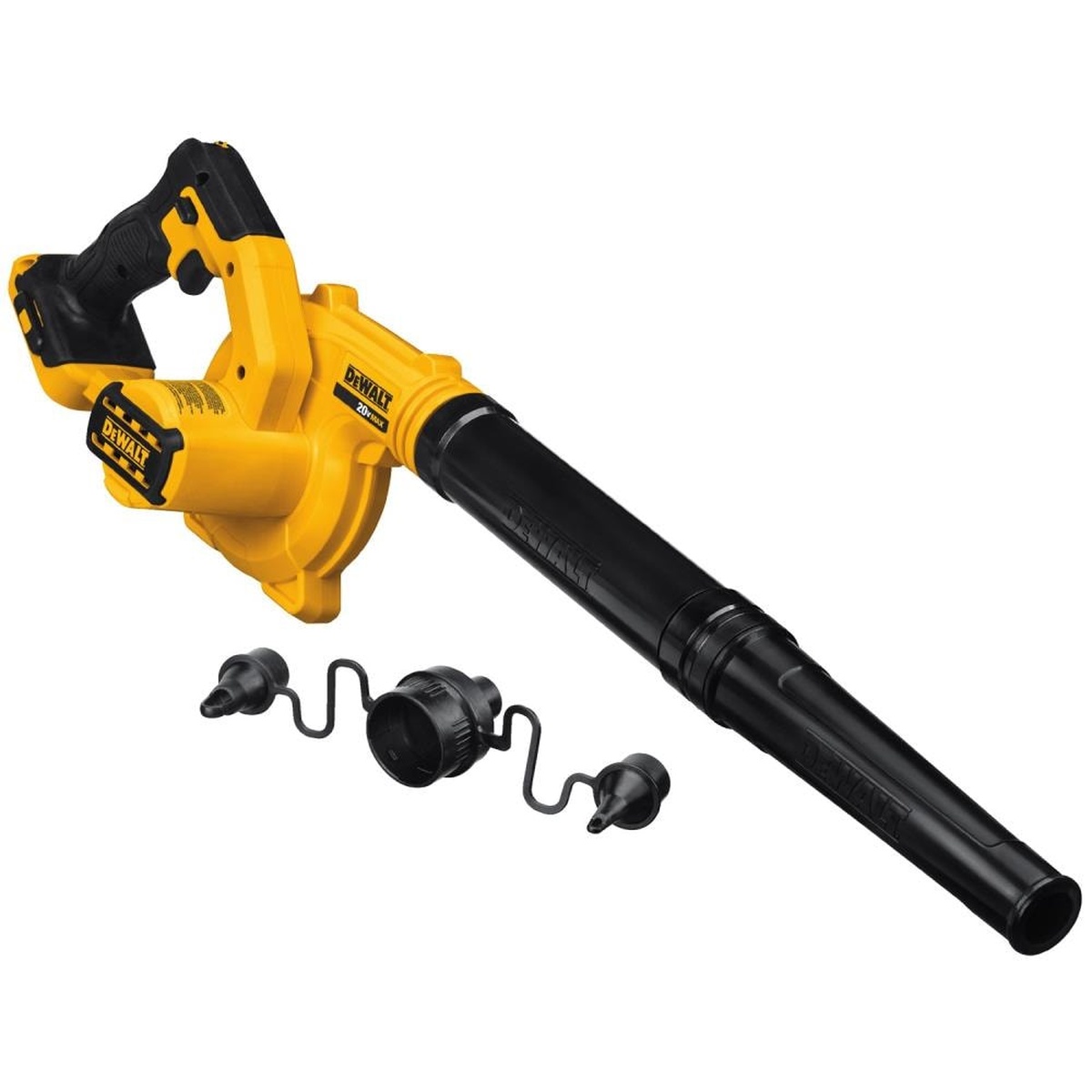 DEWALT DCE100B 20V MAX Compact Jobsite Blower with nozzle attachments shown on a clean background for close-up product detail