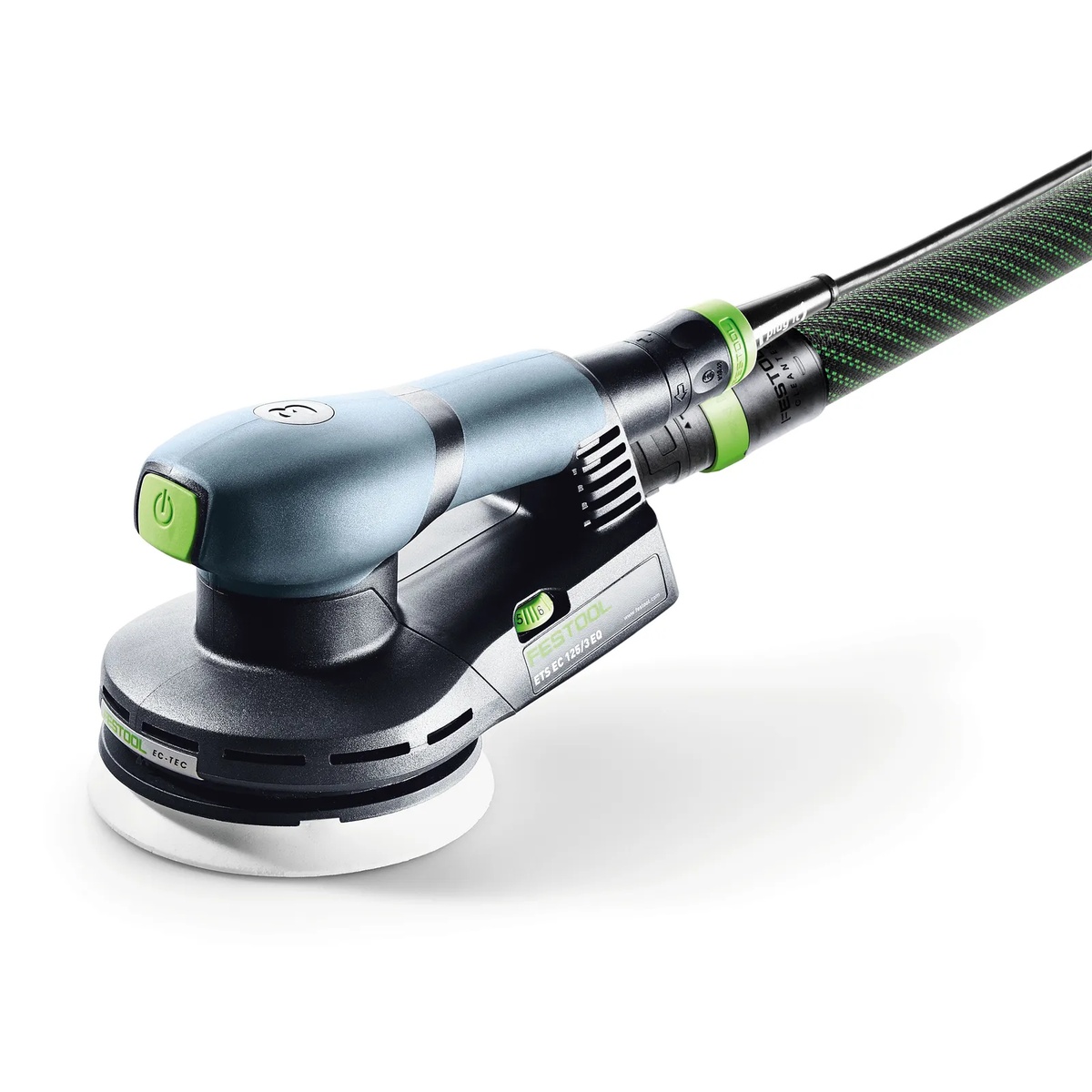 Festool ETS EC 125/3 EQ-Plus Random Orbital Sander connected to a dust extraction hose showing the 5 inch pad and compact body for finish sanding in a shop setup