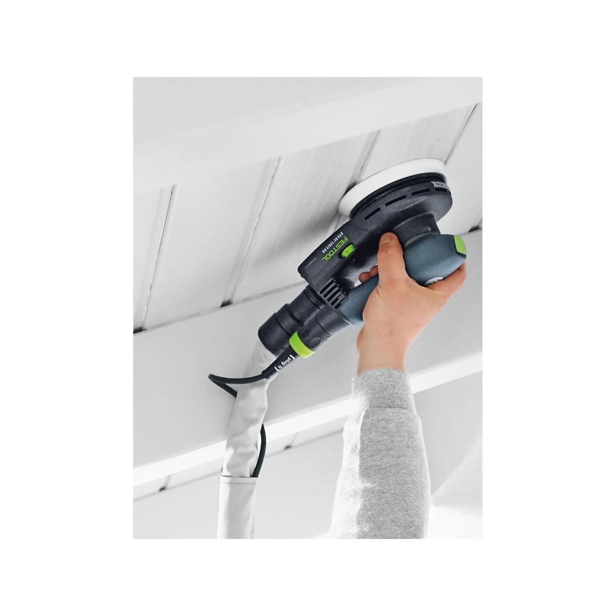 Festool 492286 Soft 125mm Sanding Pad used overhead on painted wood paneling during finish sanding work