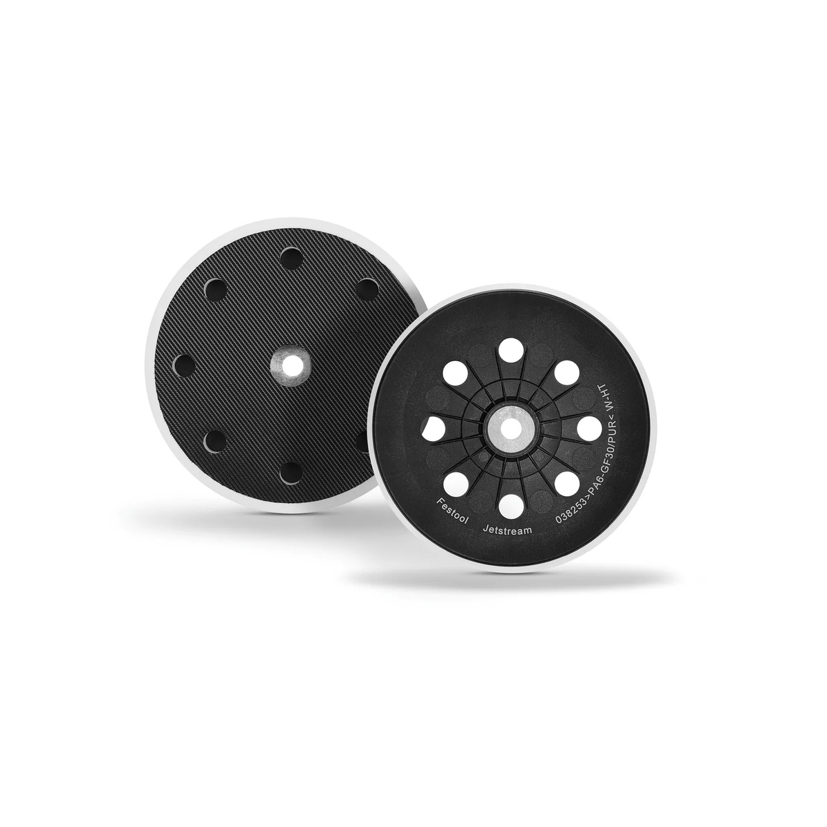 Festool 492286 Soft 125mm Sanding Pad front and back view showing hook and loop face and Jetstream hole pattern