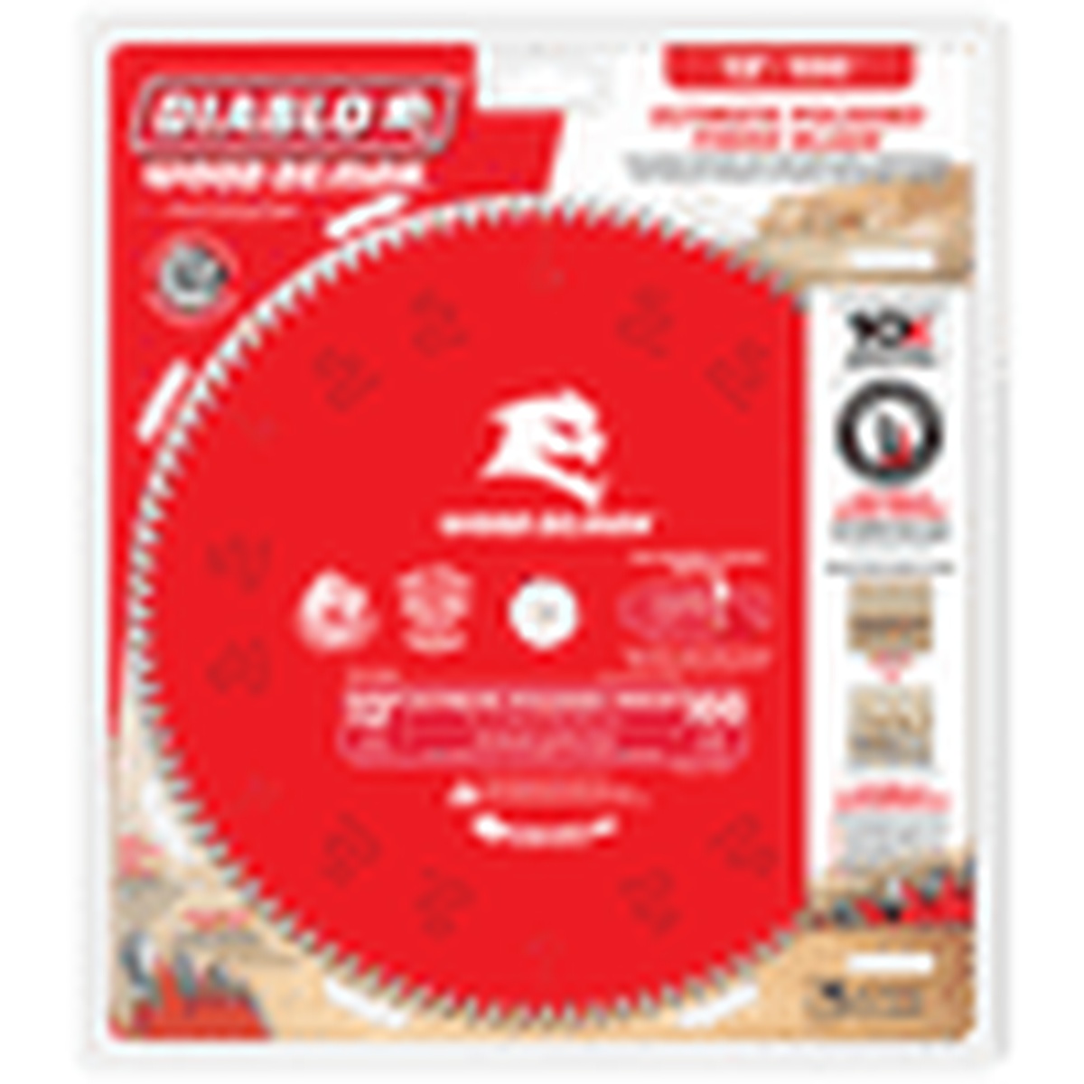 Diablo D12100X 12 in. x 100-Tooth Ultimate Polished Finish Saw Blade for Wood in retail packaging for finish carpentry, trim installation, and cabinet material cutting