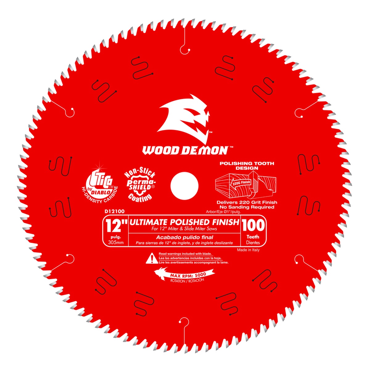 Diablo D12100X 12 in. x 100-Tooth Ultimate Polished Finish Saw Blade for Wood shown full face with 100-tooth finish-cut design for miter saw and table saw crosscut work on molding, hardwood, and melamine