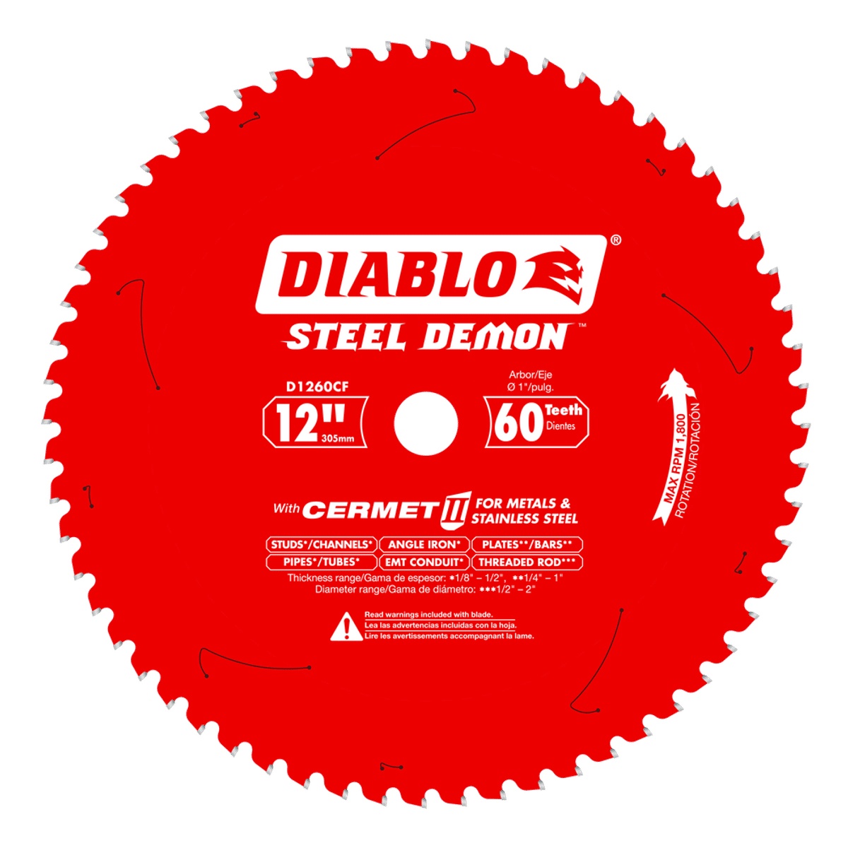 Diablo D1260CF 12 in. x 60-Tooth Steel Demon Cermet II Saw Blade for Medium Metal shown as a full product view for metal cutting applications on a dedicated low RPM saw
