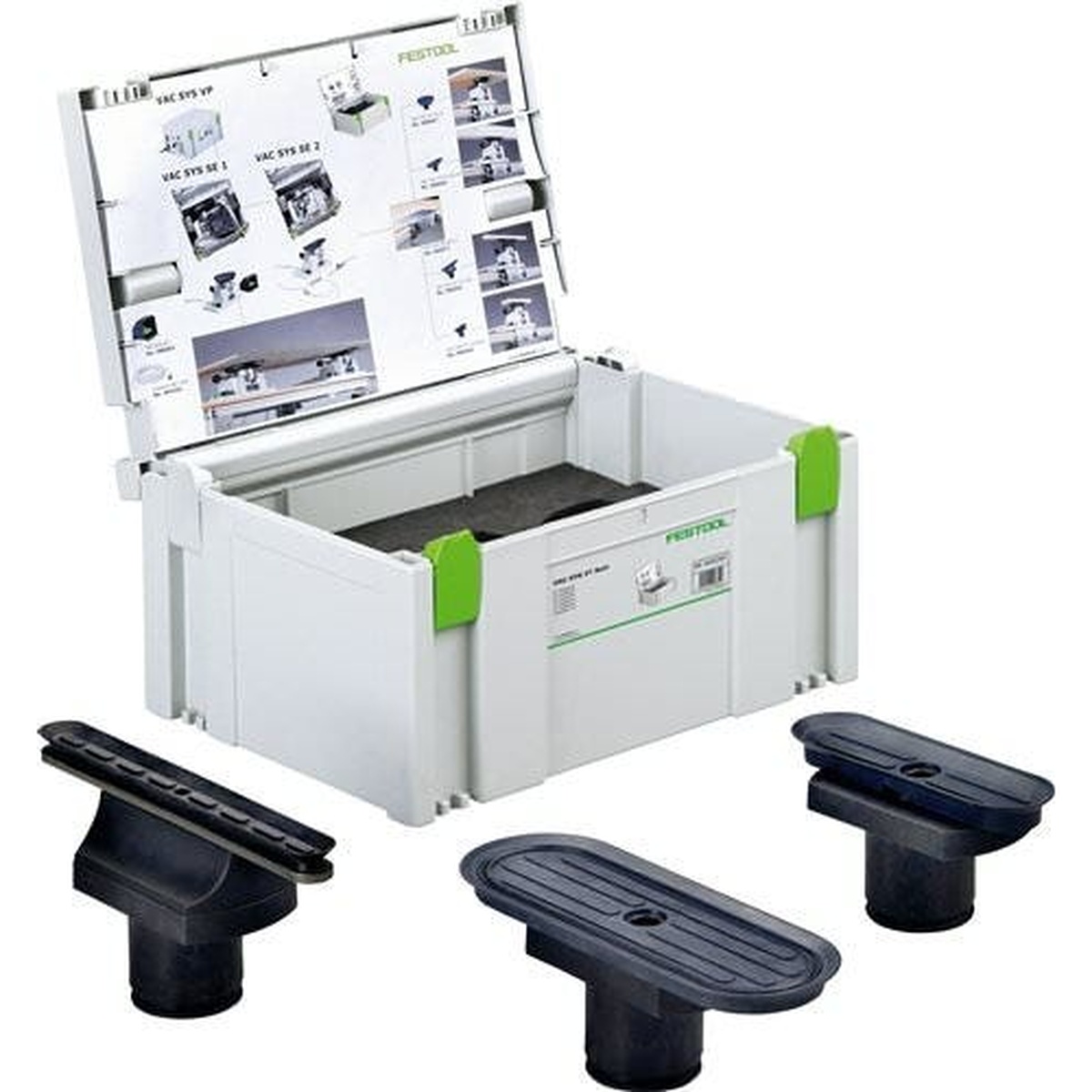 Festool 495294 Vac-Sys Vacuum Pad Set in Systainer SYS 3 storage case with three vacuum cups laid out for workshop organization