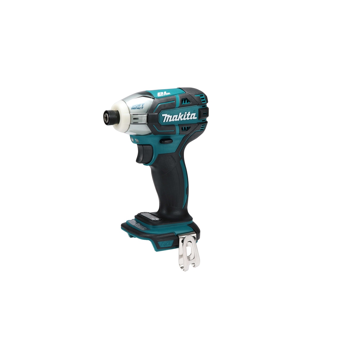 Makita XST01Z 18V LXT Lithium-Ion Brushless Cordless Oil-Impulse 3-Speed Impact Driver side view showing compact length, belt hook, and grip design for cabinet installation, service work, and fastening in confined areas