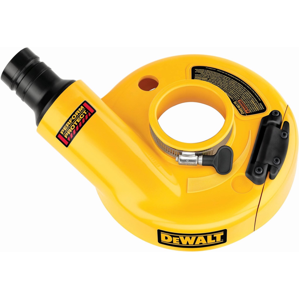 DeWalt DWE46170 7 inch Surface Grinding Dust Shroud close-up showing the spring-loaded hinged door and tool-free clamp for edge grinding on concrete