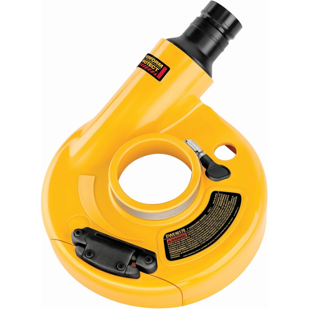 DeWalt DWE46170 7 inch Surface Grinding Dust Shroud product view showing the hose connector, clamp area, and hinged front section for concrete grinding dust collection