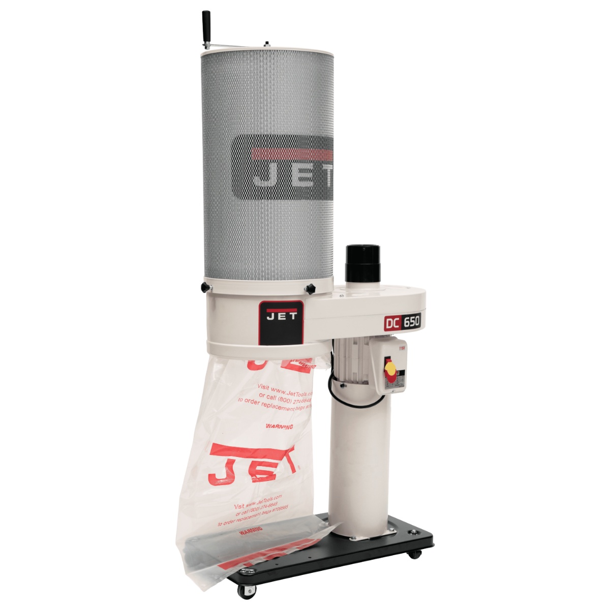 Jet 708642CK 650 CFM Dust Collector with 2 Micron Canister Filter shown as a compact shop dust collector with canister filter, collection bag, and caster base for woodworking machine cleanup in a small shop