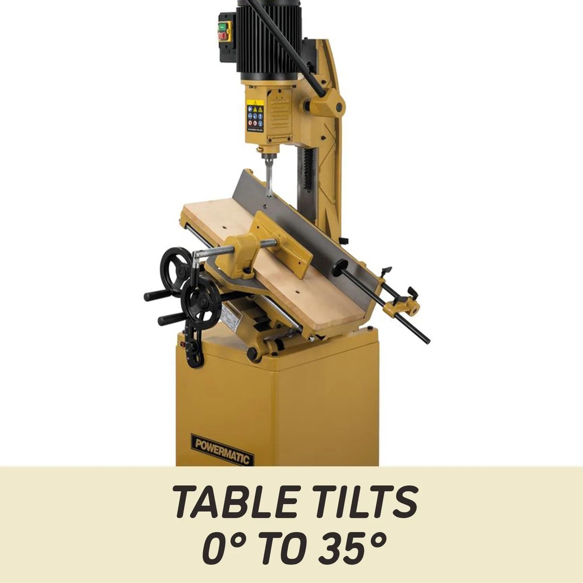 Powermatic 1791264K 719T Mortiser tilted table setup for angled mortising on a woodworking workpiece in a shop setting