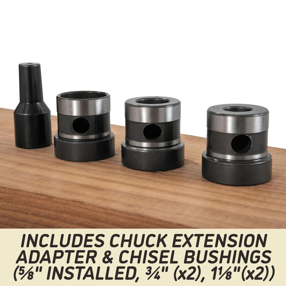 Powermatic 1791264K 719T Mortiser included chuck extension adapter and chisel bushings arranged on a wood work surface