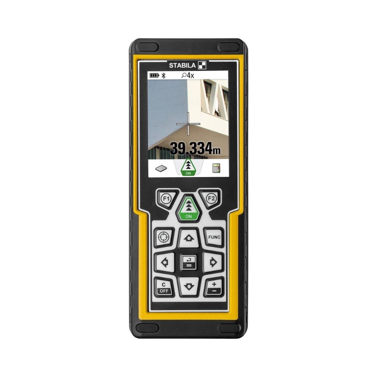 Stabila 06520 laser distance measurer front view showing camera display, crosshair, and keypad controls