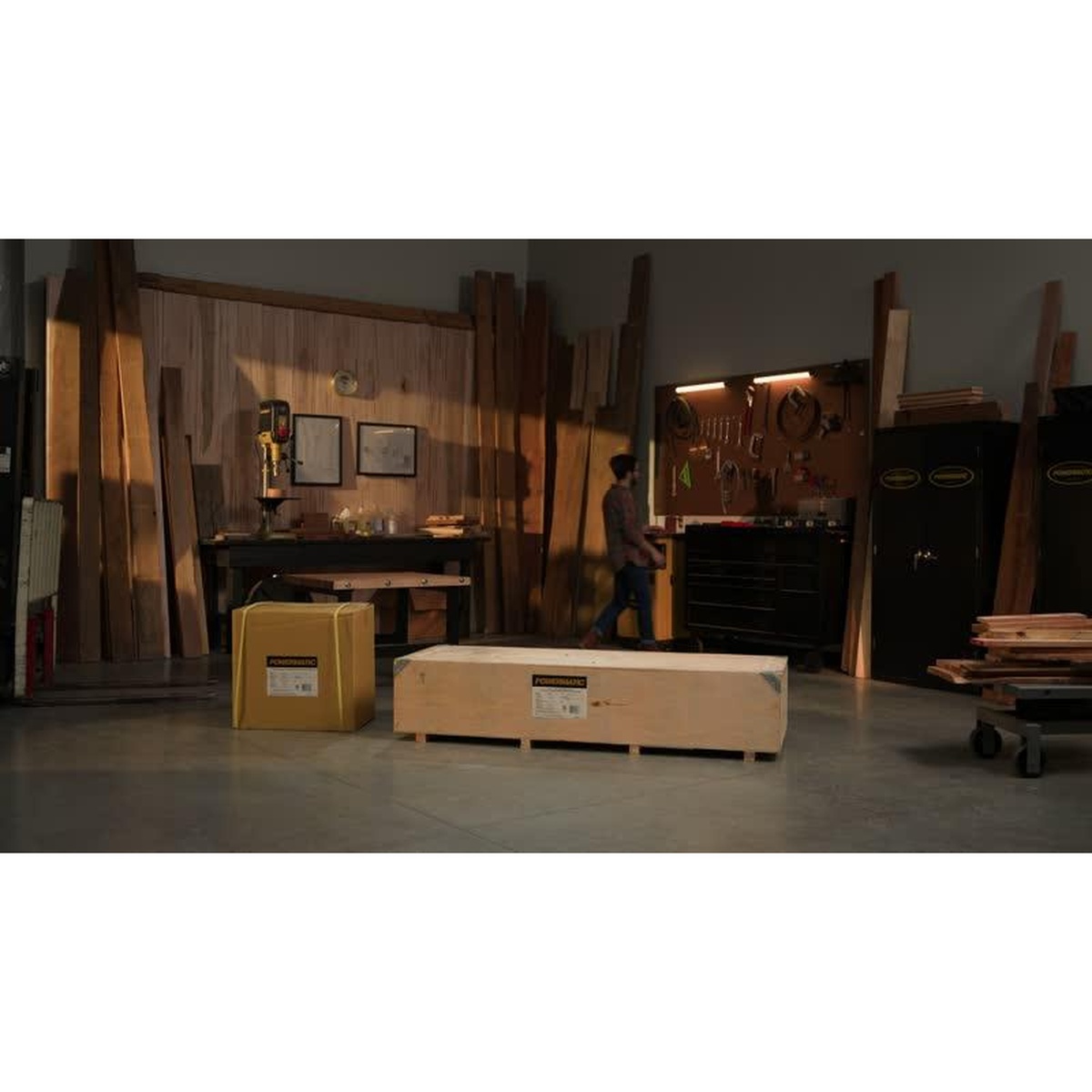 Powermatic 1610086K 60HH 8 inch jointer packaged in a professional woodworking shop environment before setup and installation