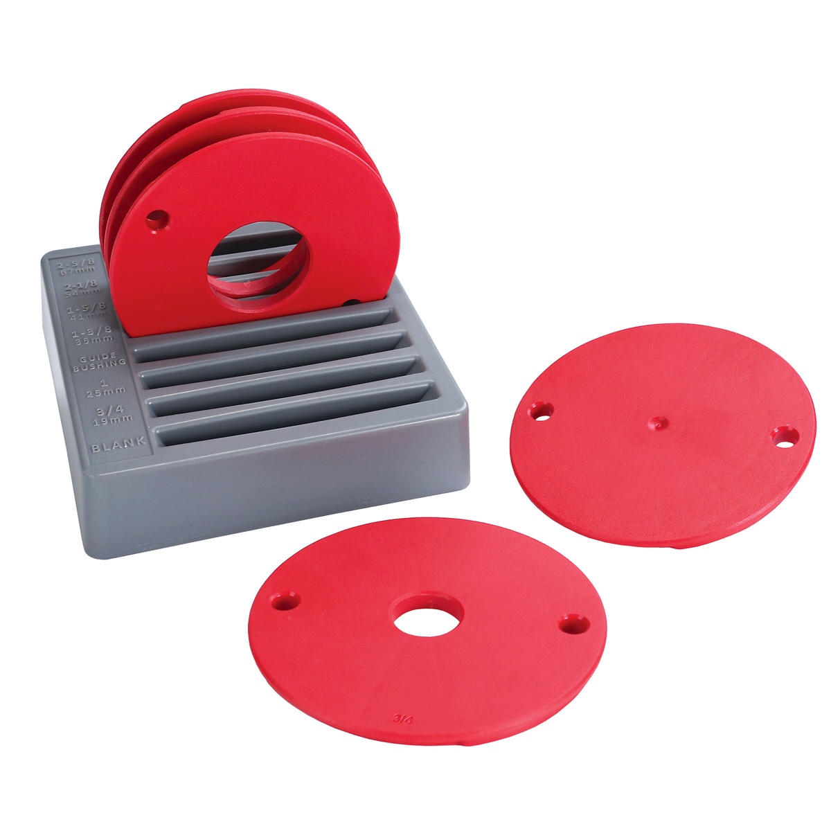 Kreg PRS3050 Level-Loc Reducing Rings (5-Piece Set) shown with multiple ring sizes and storage tray for router table insert plate setup