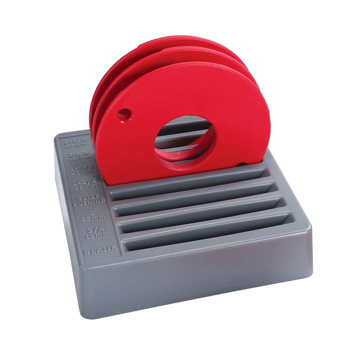 Kreg PRS3050 Level-Loc Reducing Rings (5-Piece Set) close-up of installed ring in molded tray, highlighting the blank ring option for custom or zero-clearance opening