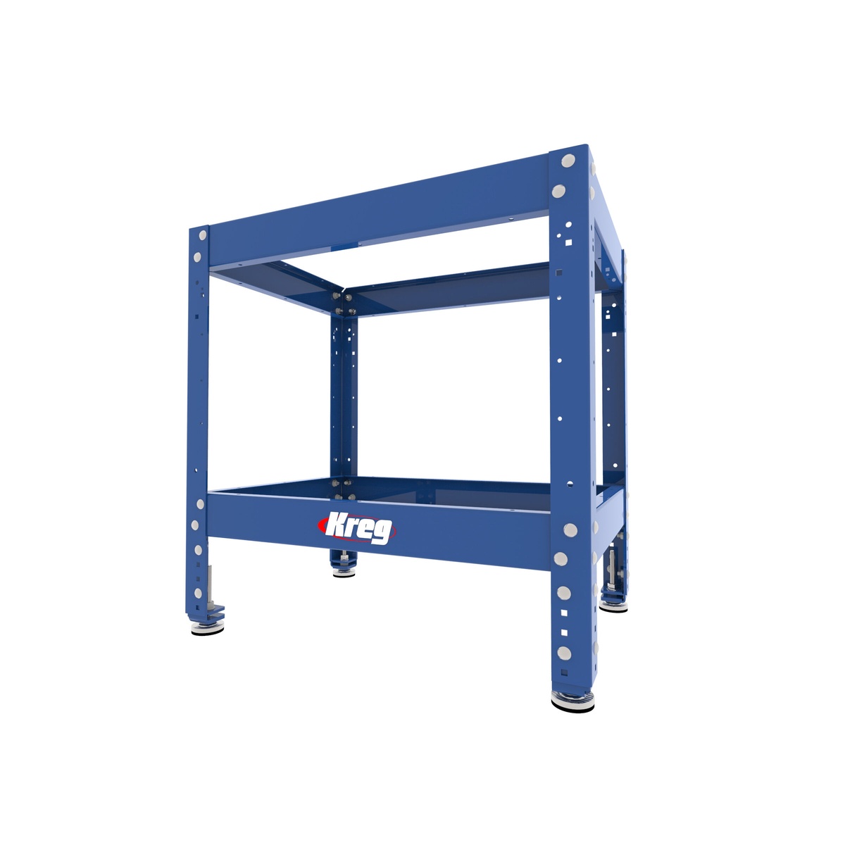 Kreg KRS1035 Multi-Purpose Shop Stand supporting a shop-built tabletop, showing the steel frame and leveling feet for a stable benchtop tool stand