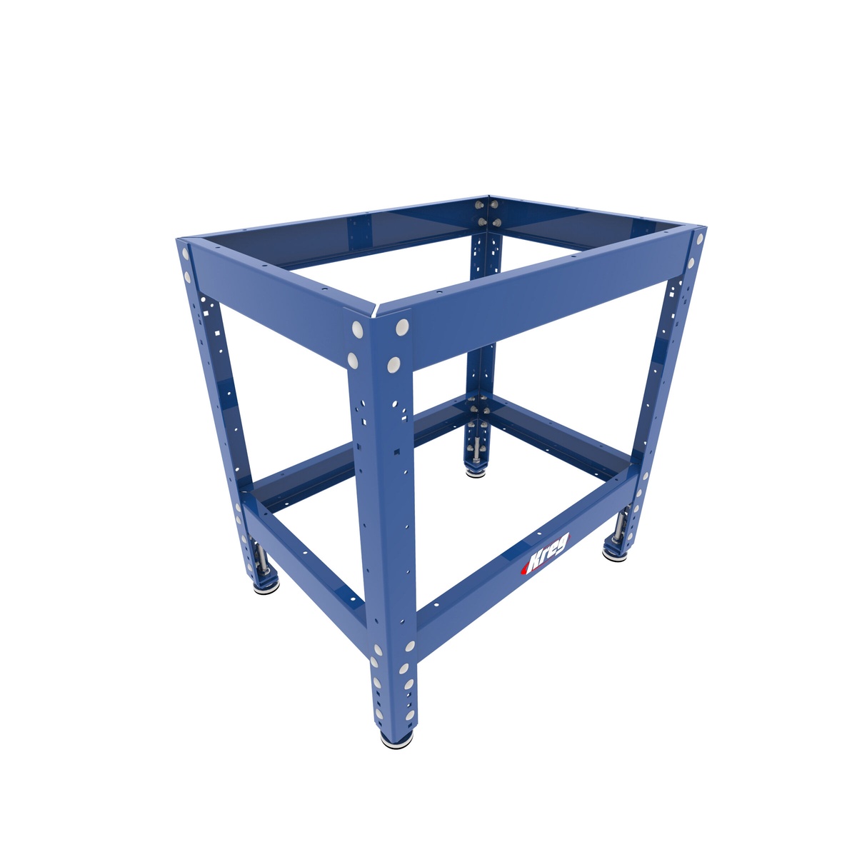Kreg KRS1035 Multi-Purpose Shop Stand angle view showing adjustable legs and hardware, set up as a customizable woodworking tool stand