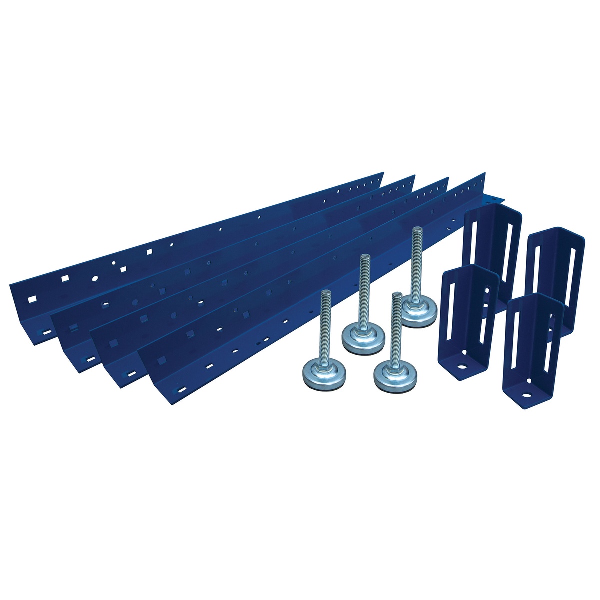 Kreg KBS1000 Standard-Height Leg Set components shown on a white background with four steel bench legs, leveling feet, and brackets for building a custom workshop workbench