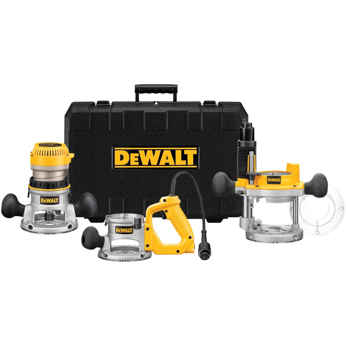 DeWALT DW618B3 Corded 2-1/4 HP Three Base Router Kit with fixed base, plunge base, D-handle base, motor pack, and case arranged for woodworking setup on a clean background