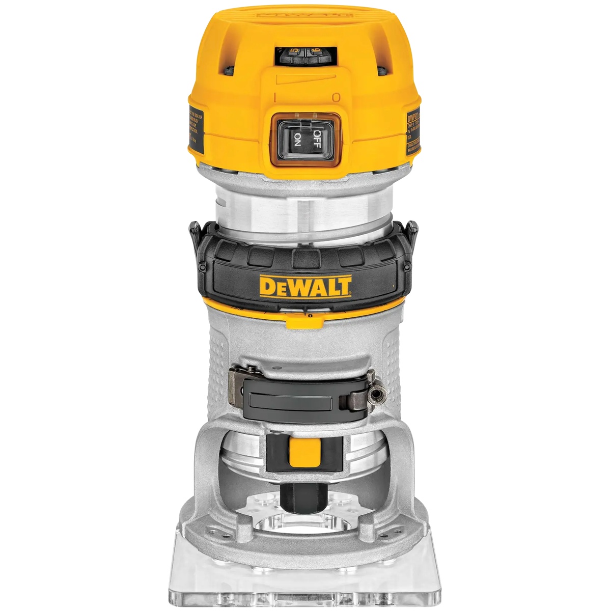 DEWALT DWP611 compact router shown with fixed base and clear sub-base for woodworking edge routing in a shop setting