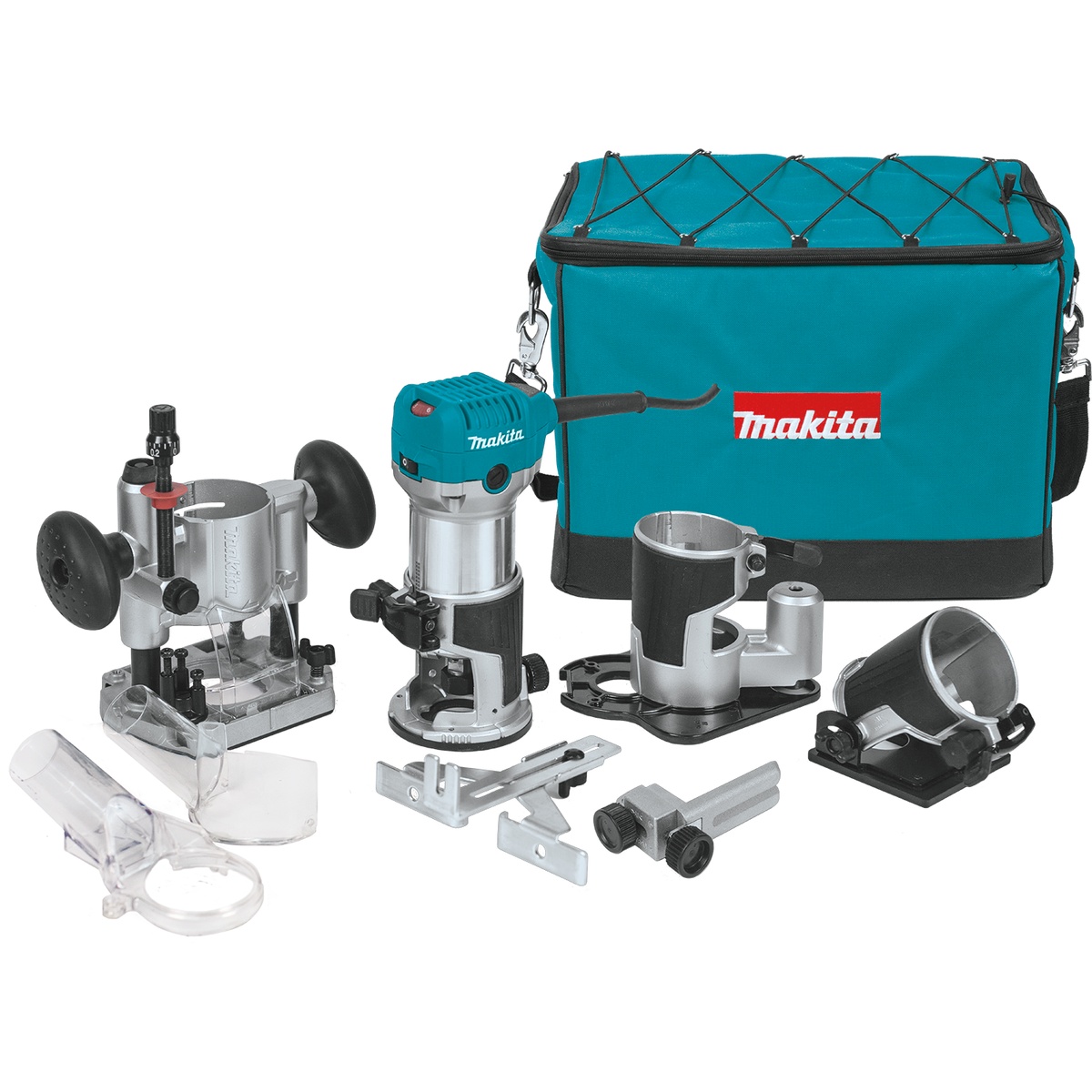 Makita RT0701CX3 Corded 1-1/4 HP Compact Router Kit with fixed base, plunge base, tilt base, offset base, guides, dust nozzles, and tool bag laid out for woodworking setup