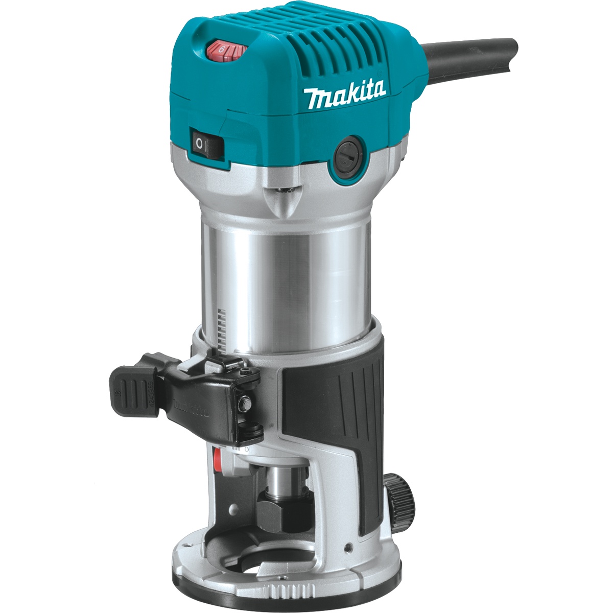Makita RT0701CX3 Corded 1-1/4 HP Compact Router Kit motor in fixed base shown close up for detail, highlighting compact body, depth adjustment, and trim routing control