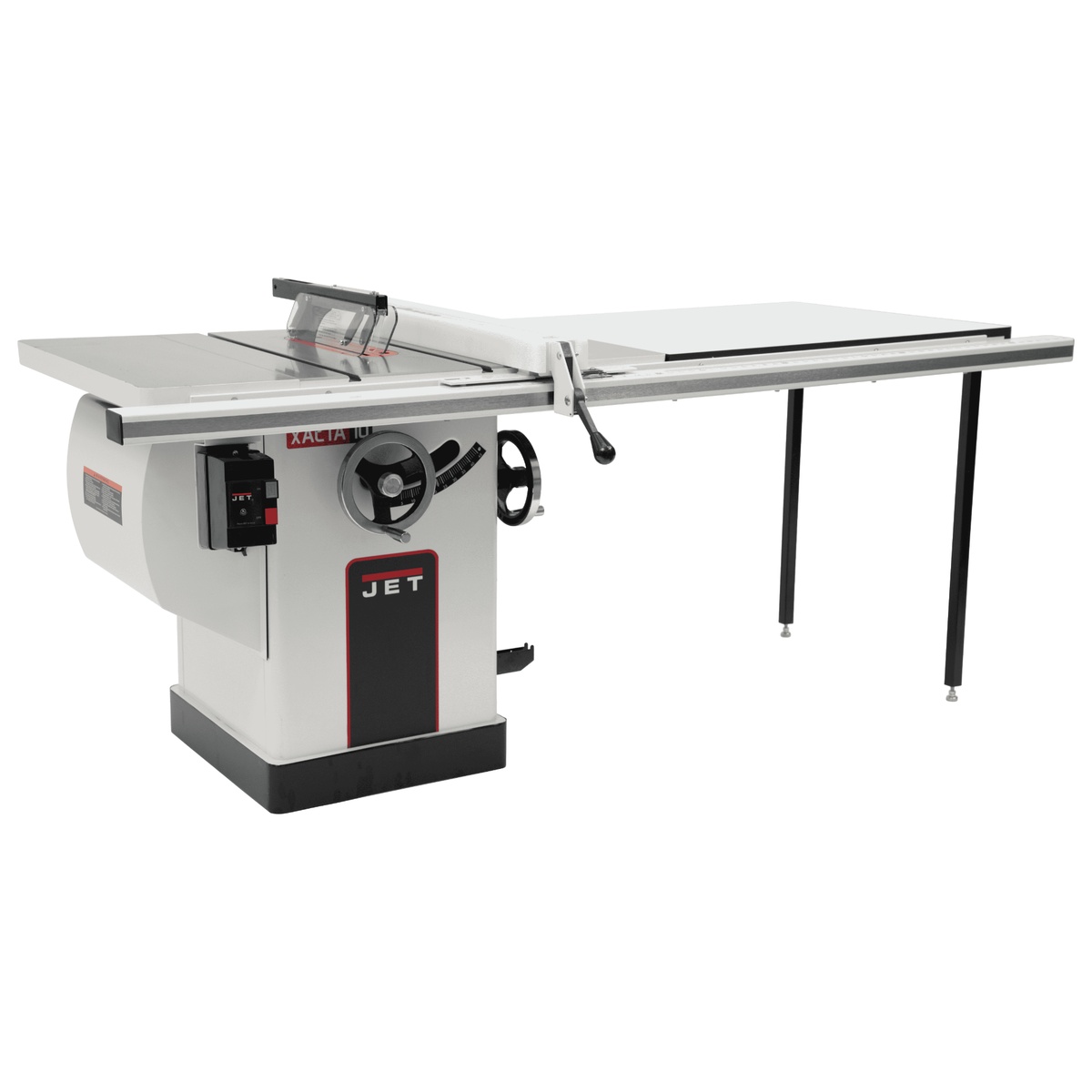 Jet 708675PK Deluxe Xacta SAW 3HP, 1Ph, 50 inch Rip cabinet table saw shown with cast iron extension wings and long rip fence in a clean shop setup