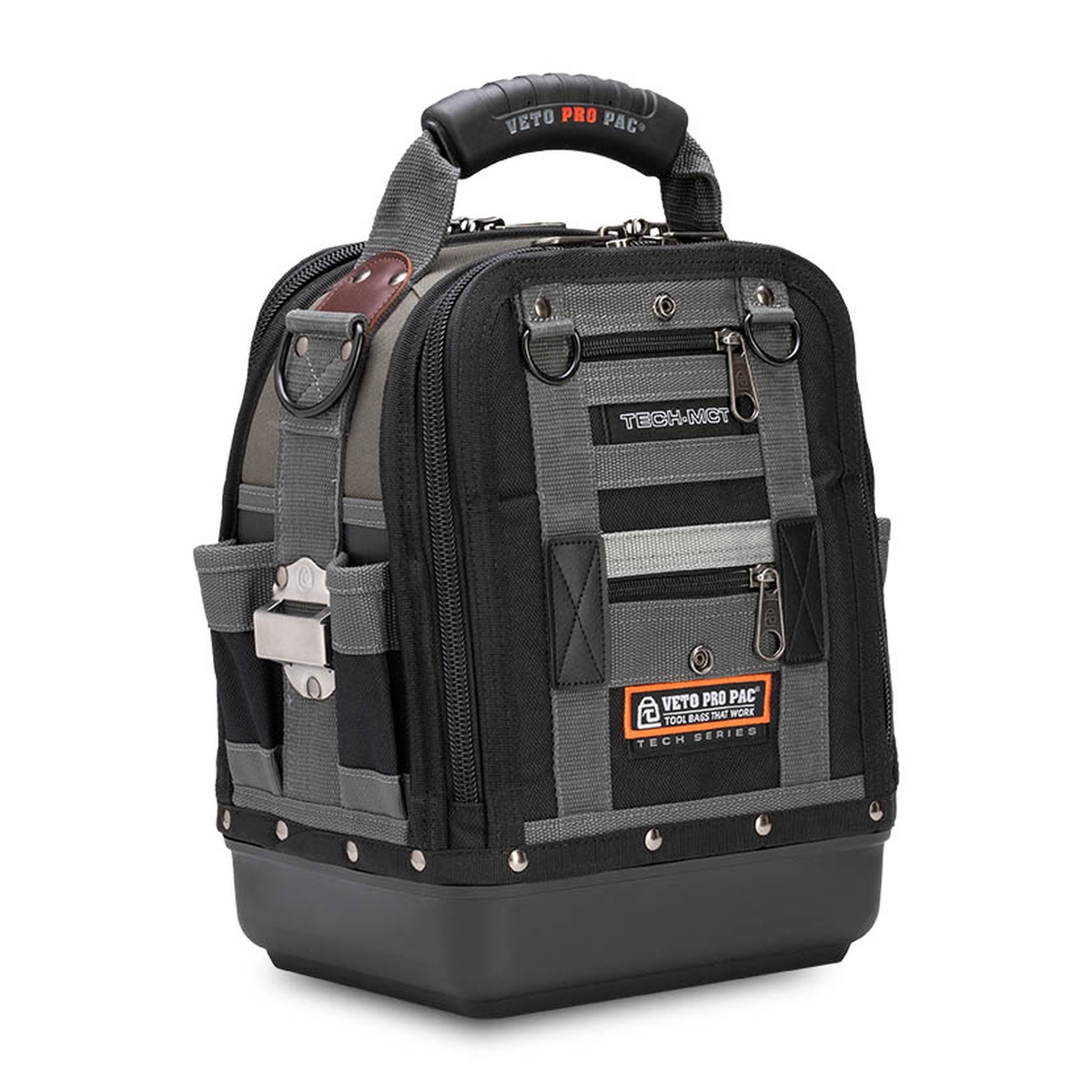 Veto Pro Pac Tech-MCT Medium Compact/Tall Tool Bag shown from the front on a clean background, highlighting the tall compact profile, front storage, and molded base for service and repair work