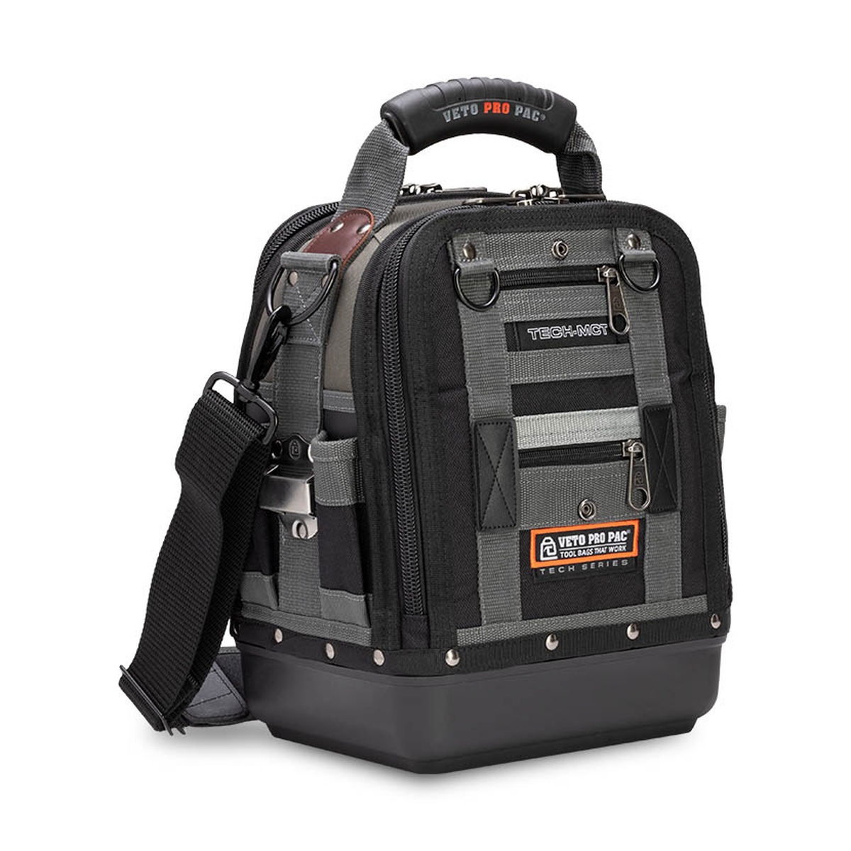 Veto Pro Pac Tech-MCT Medium Compact/Tall Tool Bag with shoulder strap attached, shown on a clean background to highlight the padded carry setup, rugged zipper layout, and waterproof molded bottom for mobile technicians