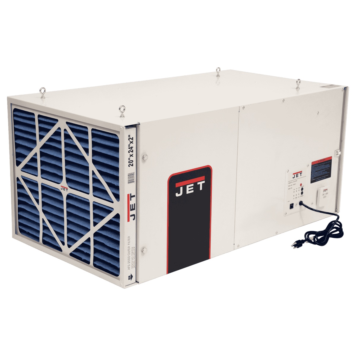 Jet Tools AFS-2000 1700CFM Air Filtration System 3-Speed with Remote Control shown as a ceiling-mount workshop air filtration unit with outer filter and hanging eye bolts for woodworking shop dust control