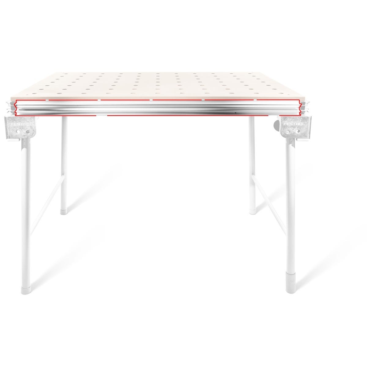 Festool 472863 MFT/3 Long Side Aluminum Profile installed on the long edge of an MFT/3 work table in a shop setup