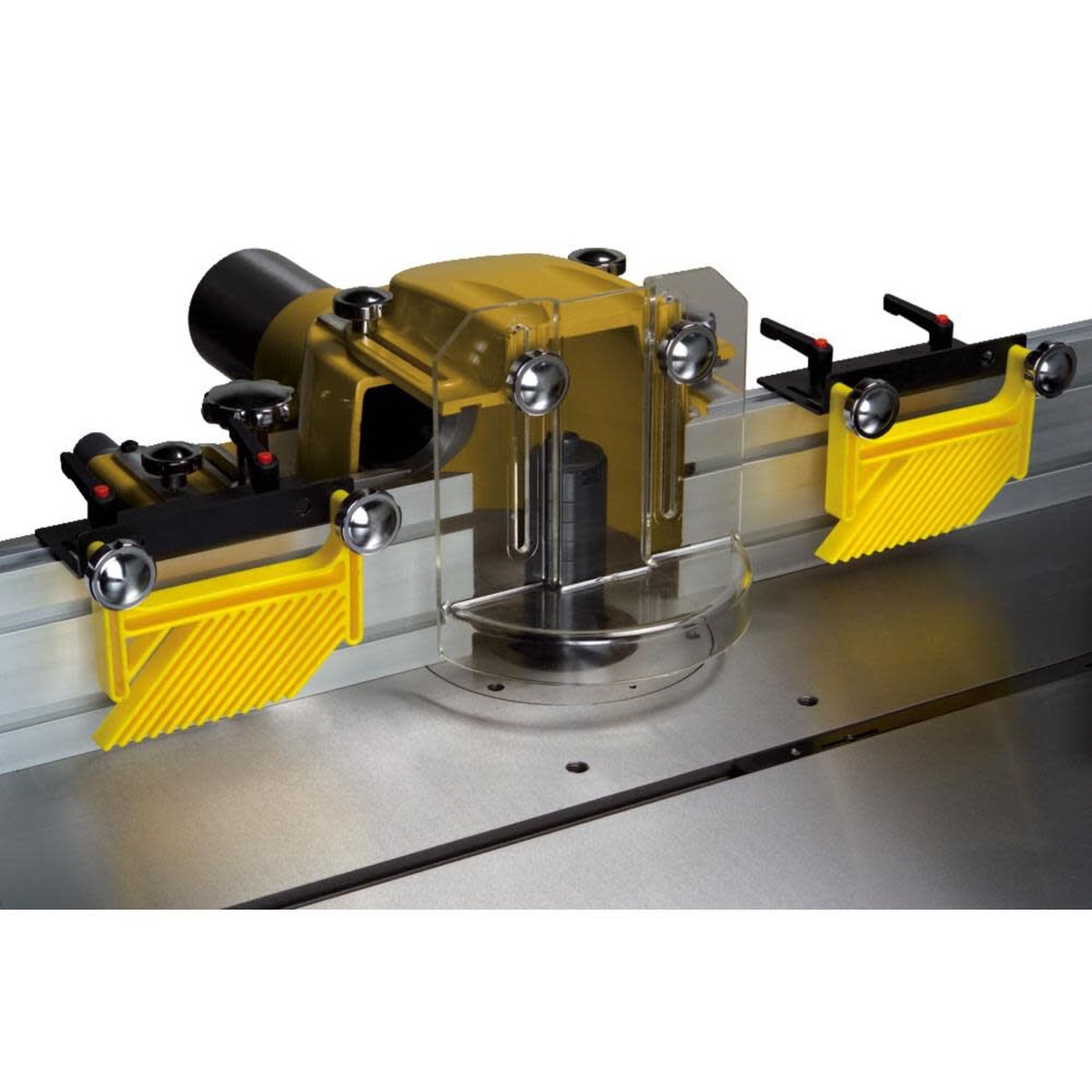 Powermatic 1280101C PM2700 Shaper, 5HP 1PH 230V fence, featherboards, and clear cutter guard around the spindle for detailed edge shaping work